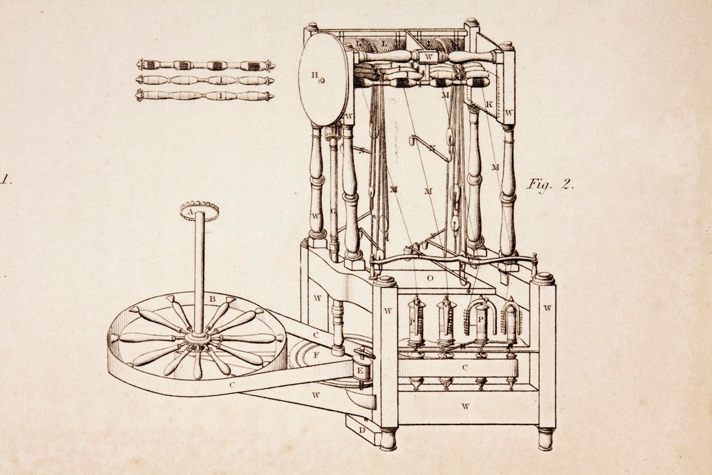 Arkwright's prototype spinning machine (top) and the drawing (above) he submitted with his patent application in 1768